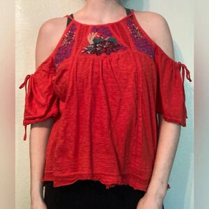 Free People Red Cold Shoulder Tunic Top High Low Hem Size Small Boho Flow Top